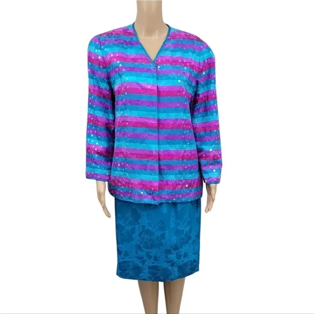 Anne Crimmins Vintage Matching Silk Skirt Set Blue Purple Fuschia Sequin Blazer
